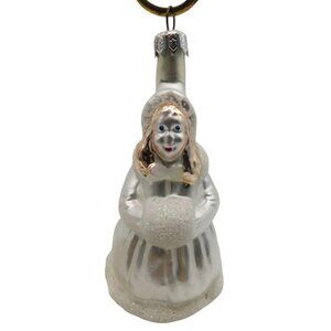 Vintage Blown Glass Christmas Ornament Poland Girl Silver Coat with Hand Muff